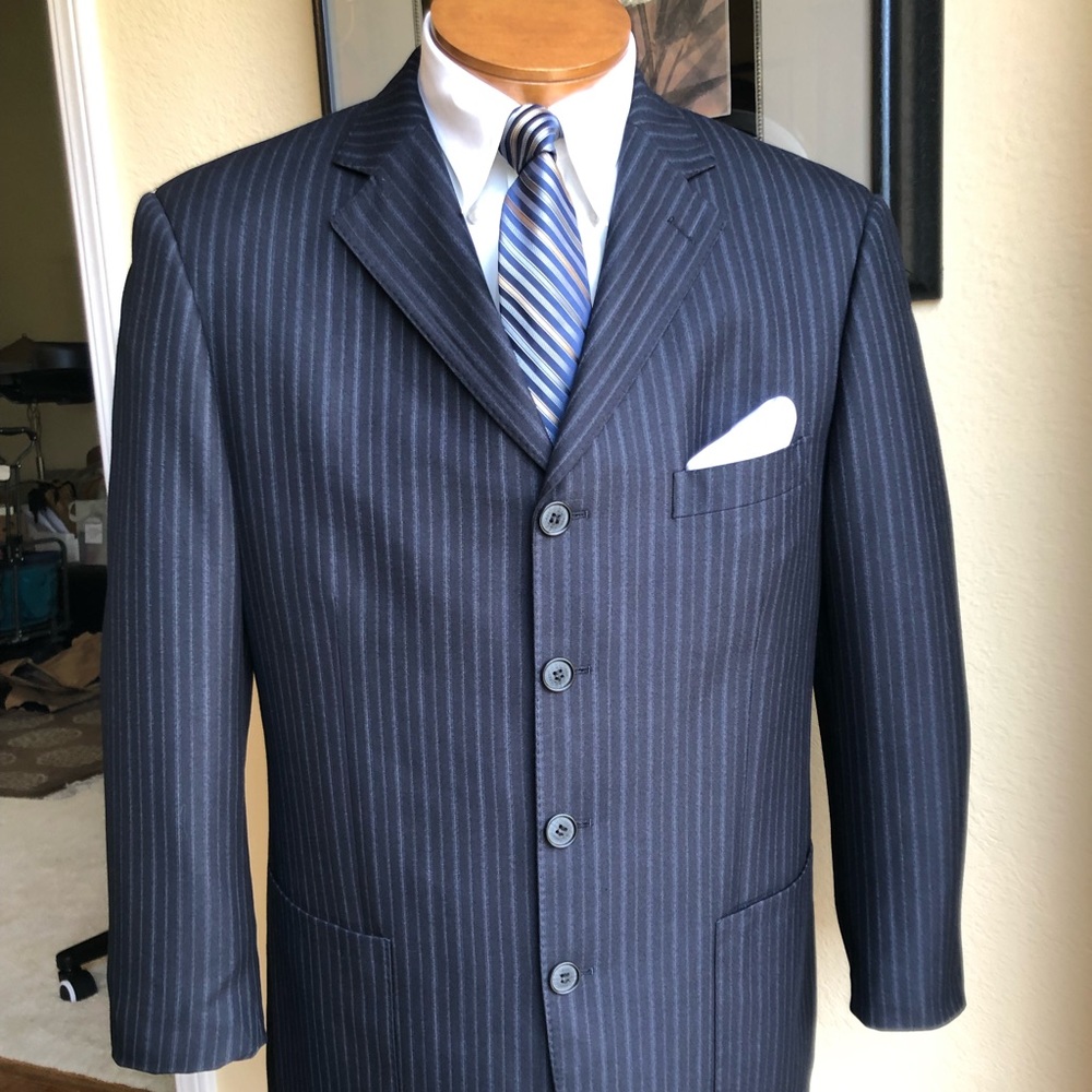 Kalomani Apparel Dark Charcoal Gray with Stripes 4 Button Wool Jacket 42R